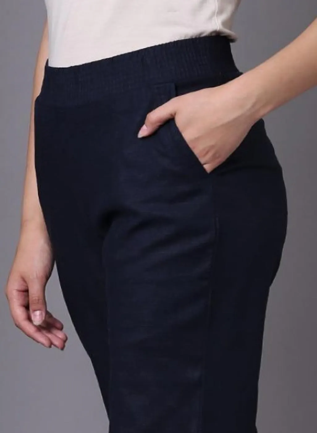 Akiya Navy Blue Cotton Linen Relaxed Fit Pants for Women