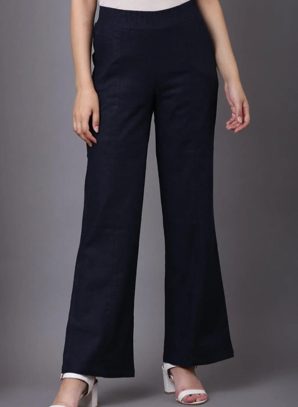 Akiya Navy Blue Cotton Linen Relaxed Fit Pants for Women