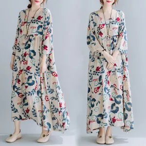 Artsy Loose-fitting Floral Print Swing Dress