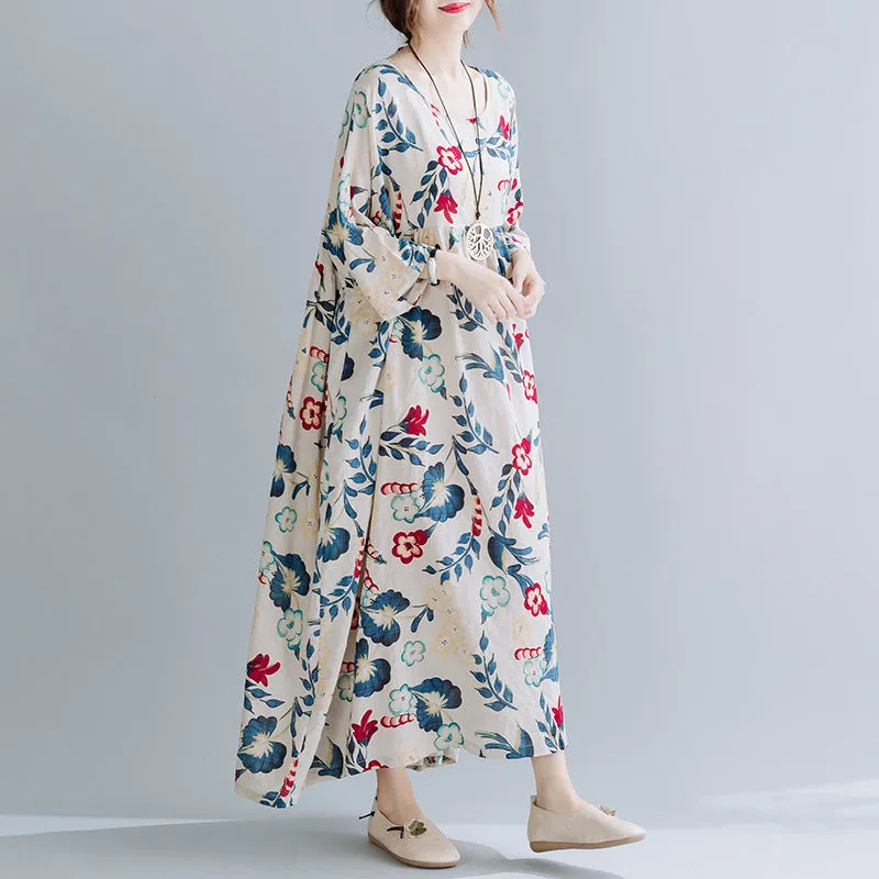 Artsy Loose-fitting Floral Print Swing Dress