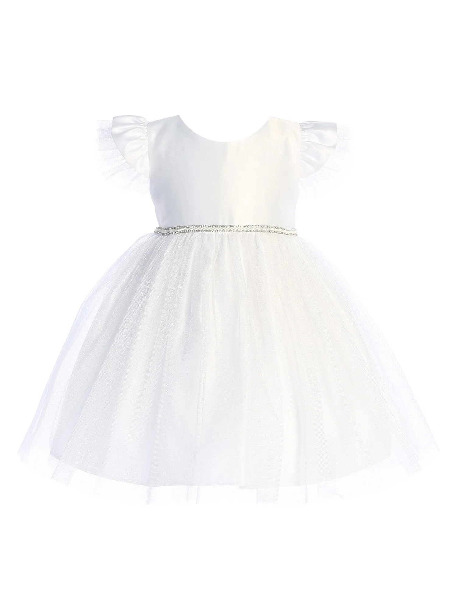 Baby Girls White Satin Tulle Flutter Sleeve Flower Girl Dress 6-24Months