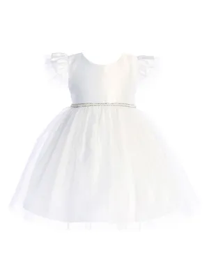 Baby Girls White Satin Tulle Flutter Sleeve Flower Girl Dress 6-24Months