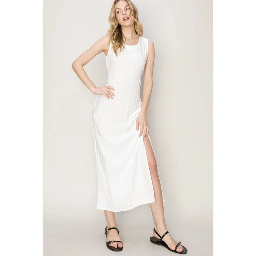 D-LINEN Blended Tie Waist Dress OFF WHITE