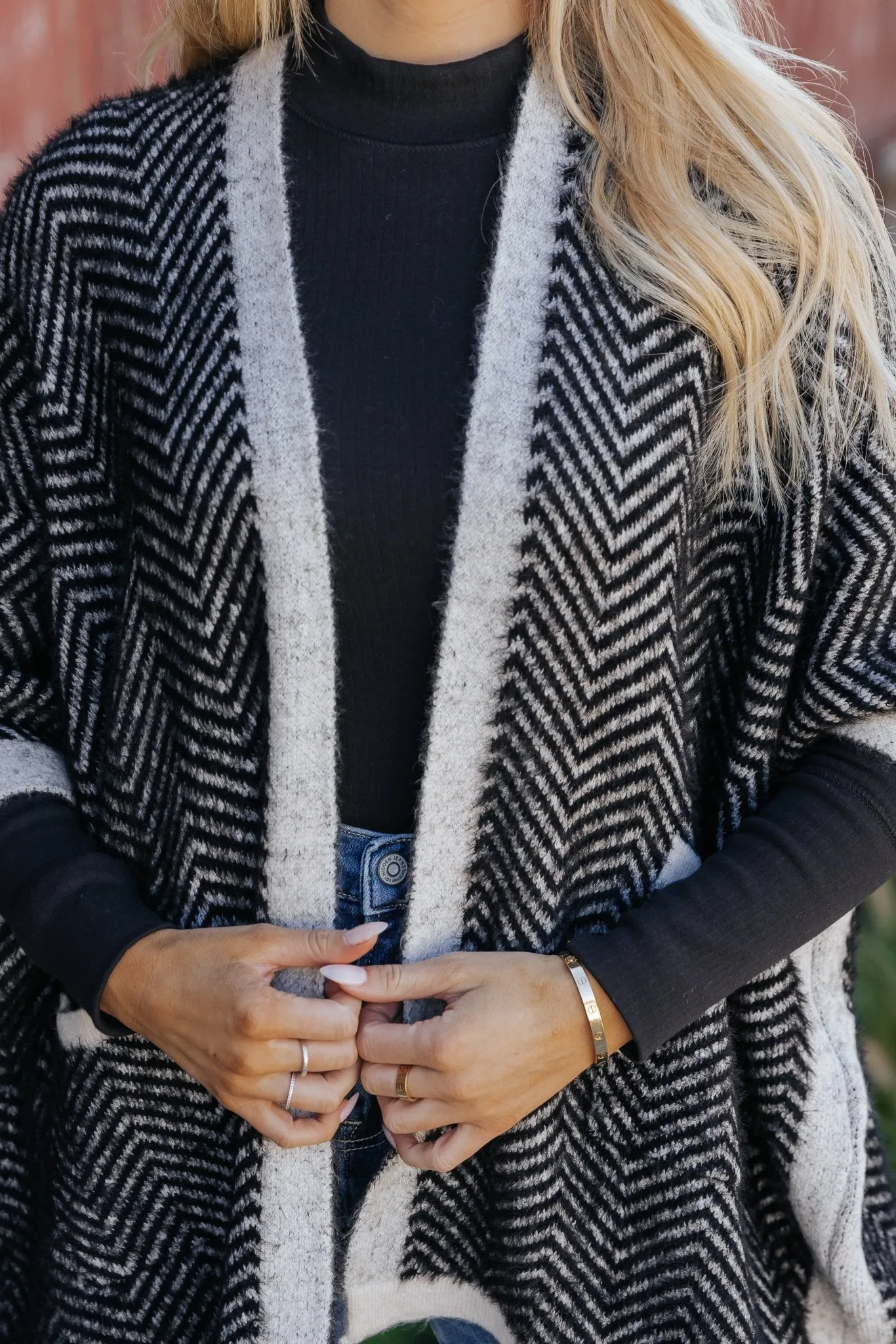 Fuzzy Black Herringbone Kimono - FINAL SALE