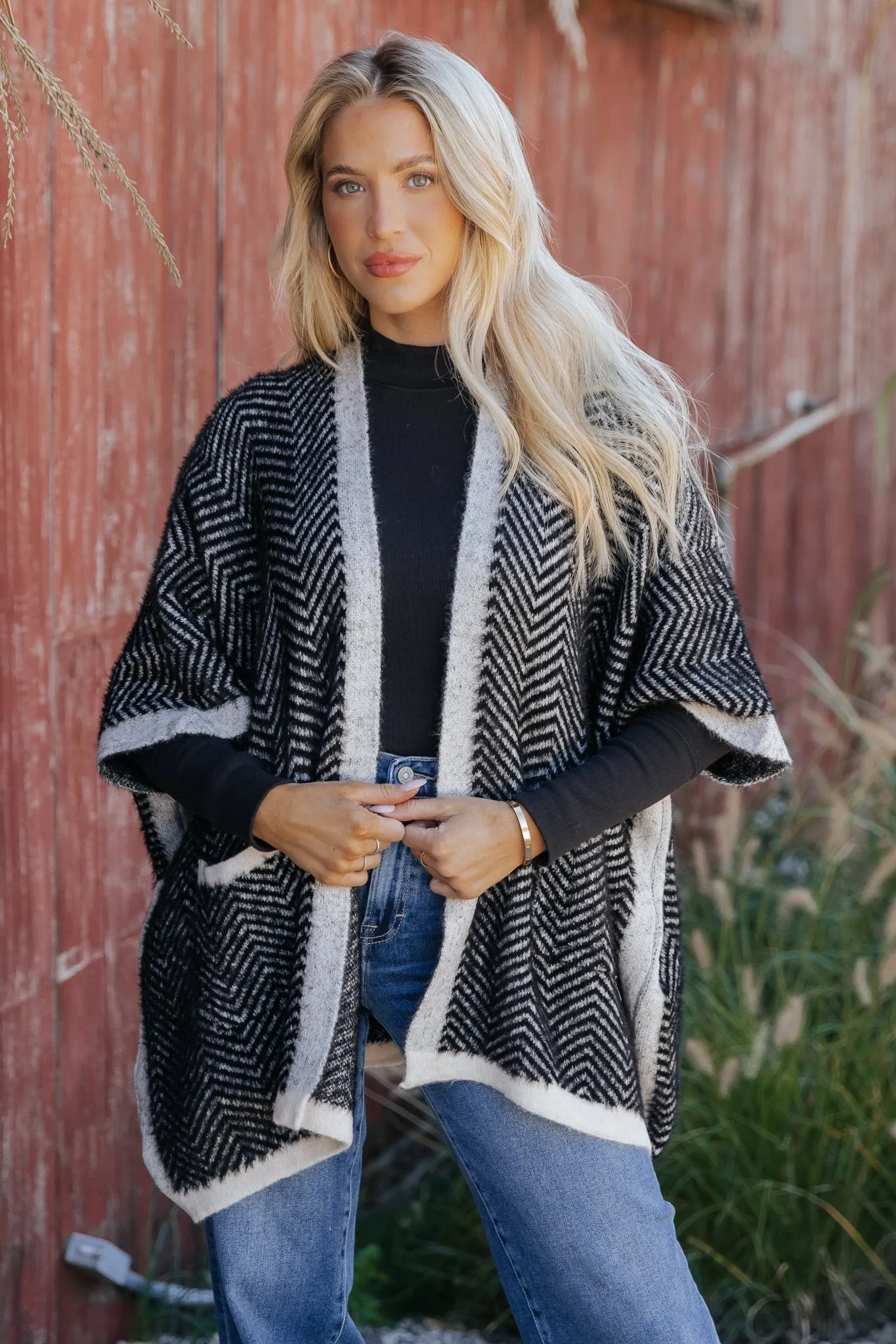 Fuzzy Black Herringbone Kimono - FINAL SALE