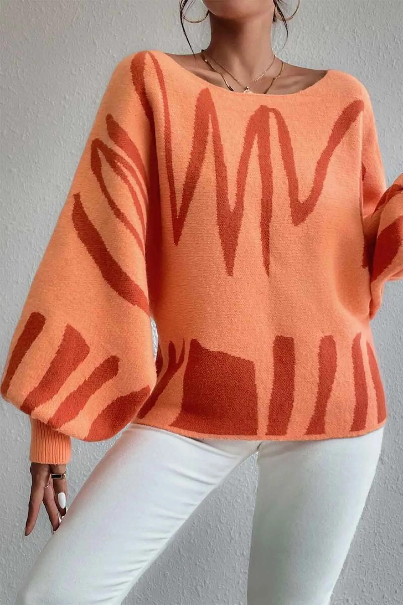 Geometric Lantern Sleeve Knitted Sweater