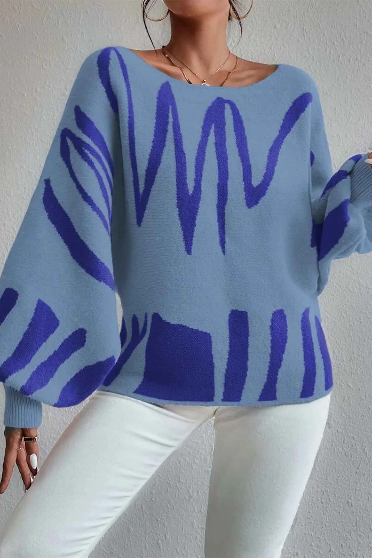 Geometric Lantern Sleeve Knitted Sweater