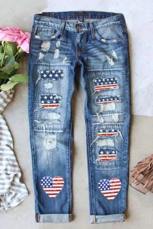 Heart-shape American Flag Patch Frayed Jeans