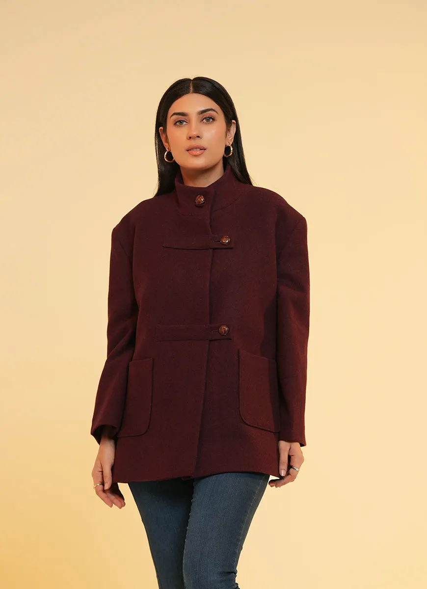 Ladies Jacket  Button Tab Front, High Neck, Maroon Plain