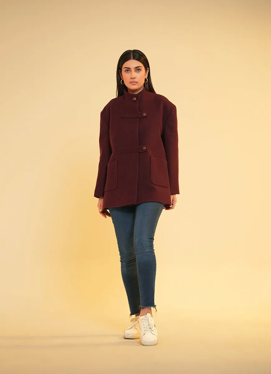 Ladies Jacket  Button Tab Front, High Neck, Maroon Plain