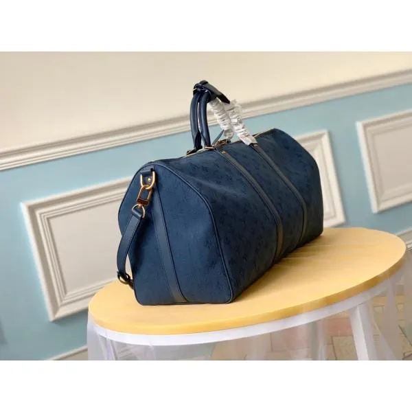 Monogram Denim Keepall Bandoulière 50 Top Handle Travel Bag M44644 Navy Blue 2019 Collection