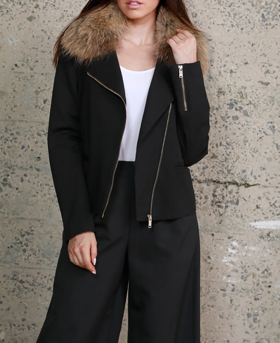 Moto Style Ponte Jacket with Fur Collar