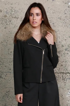 Moto Style Ponte Jacket with Fur Collar