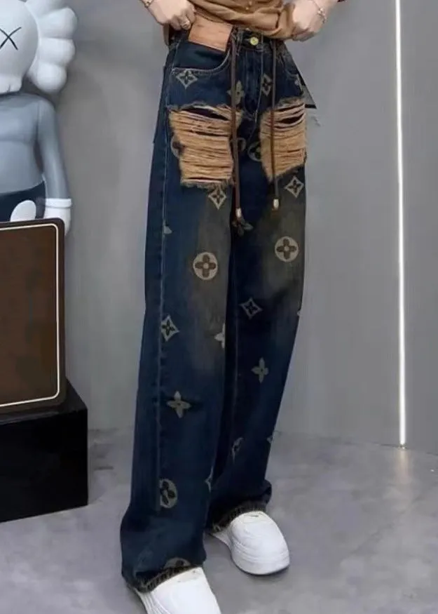 New Ripped Printed Denim Straight Leg Pants For Spring QQ1034