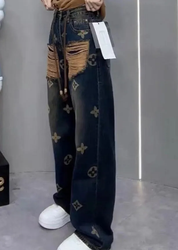 New Ripped Printed Denim Straight Leg Pants For Spring QQ1034