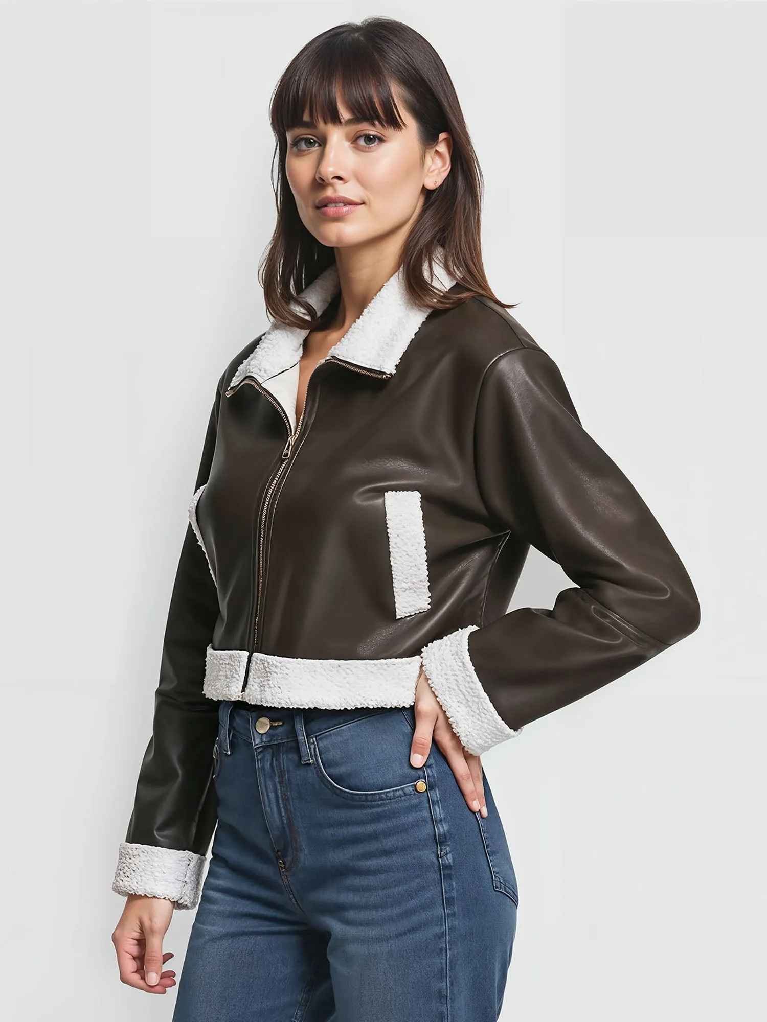 Sherpa Collar Vegan Leather Moto Jacket