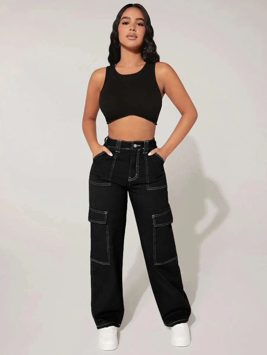 Trendy High Waist Flap Pocket Denim Cargo Jeans