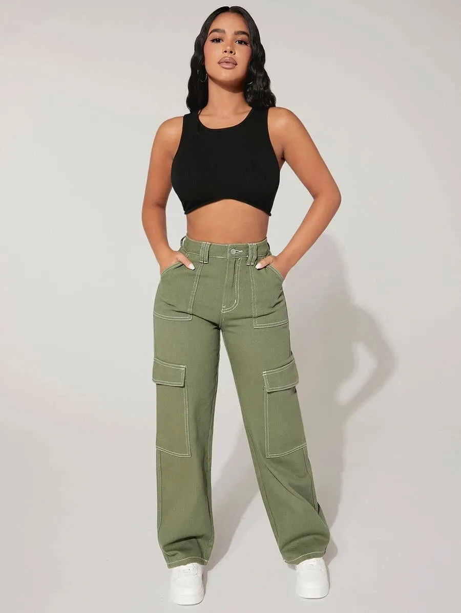 Trendy High Waist Flap Pocket Denim Cargo Jeans