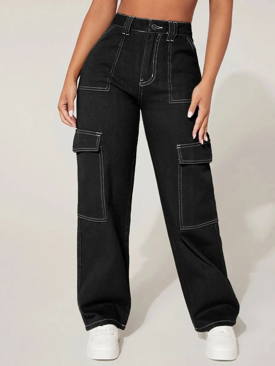 Trendy High Waist Flap Pocket Denim Cargo Jeans