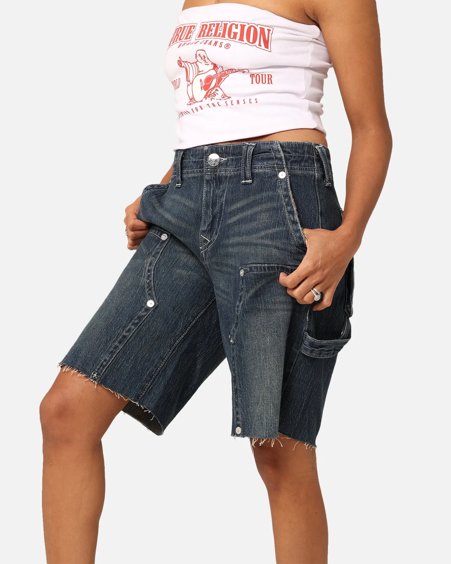 True Religion Women's Ricki Utility Shorts Dark Wash W/Destroy