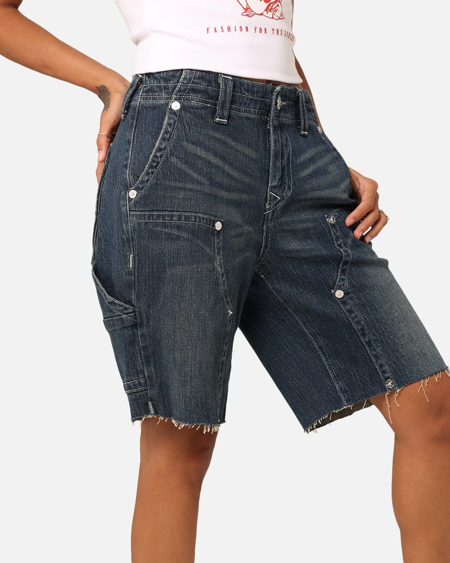 True Religion Women's Ricki Utility Shorts Dark Wash W/Destroy