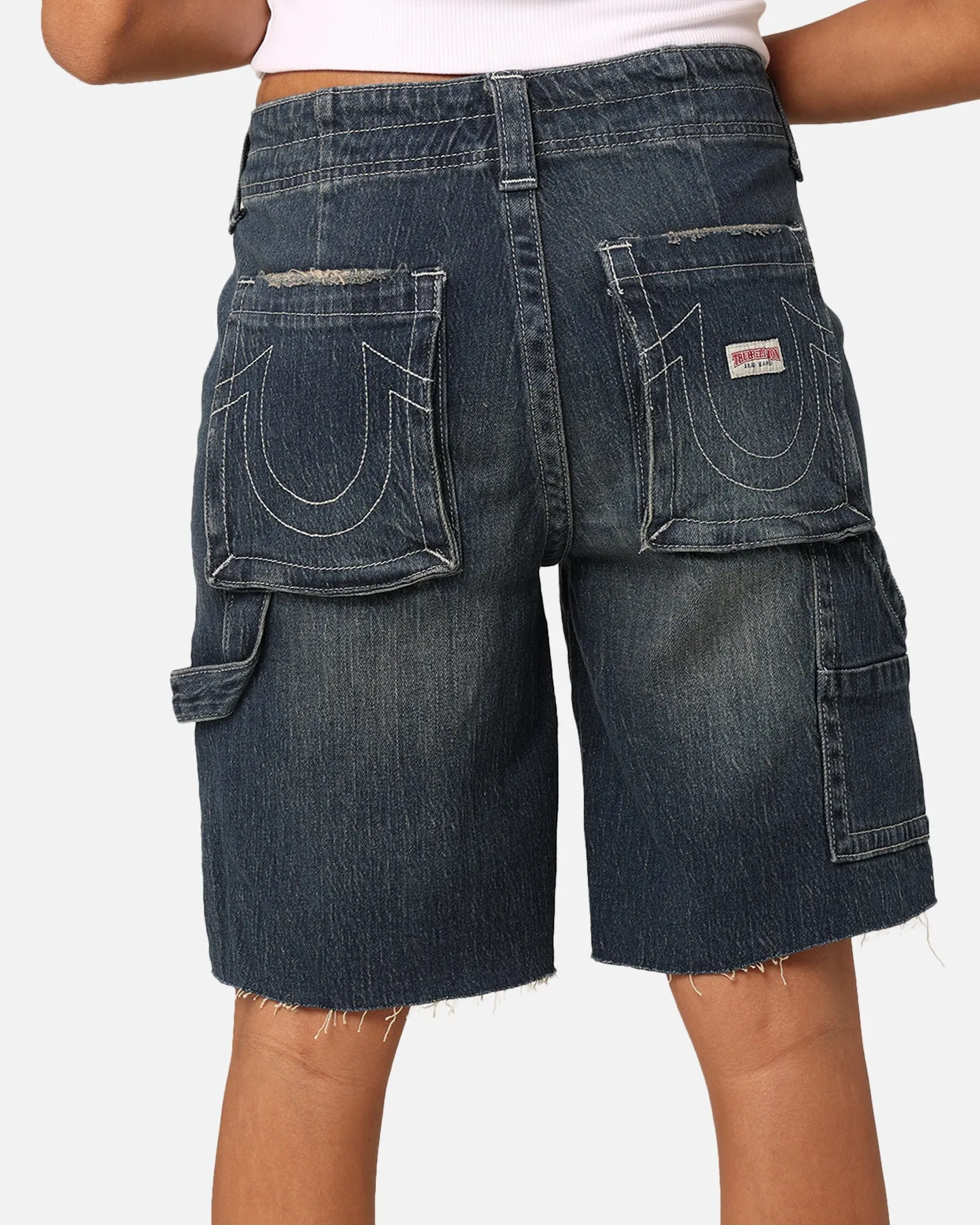 True Religion Women's Ricki Utility Shorts Dark Wash W/Destroy