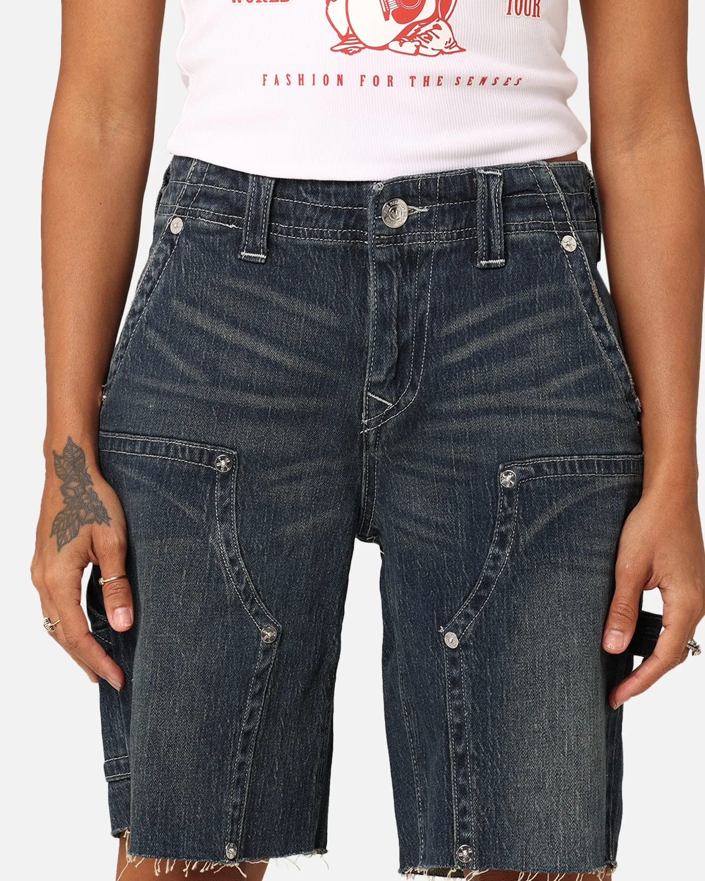 True Religion Women's Ricki Utility Shorts Dark Wash W/Destroy