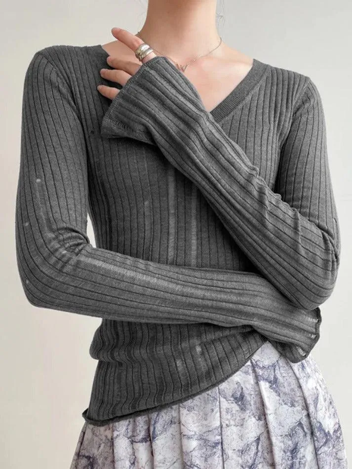 V Neck Slim Cutout Long Sleeve Knit