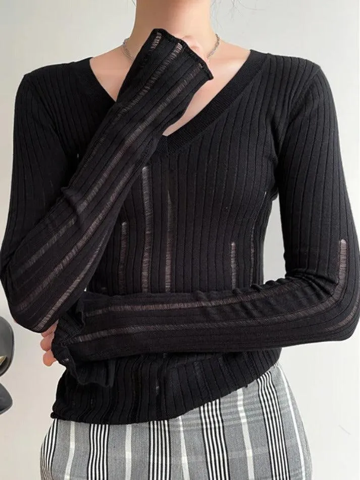 V Neck Slim Cutout Long Sleeve Knit