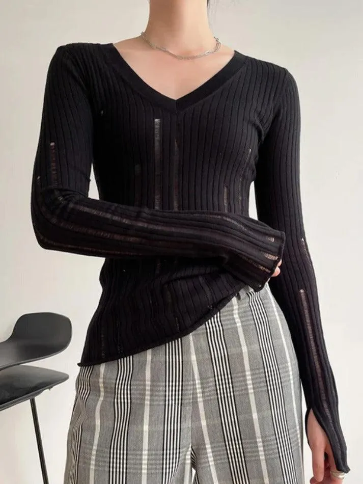 V Neck Slim Cutout Long Sleeve Knit