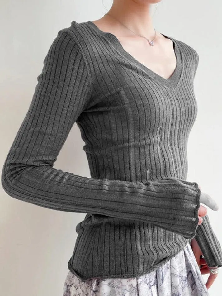 V Neck Slim Cutout Long Sleeve Knit