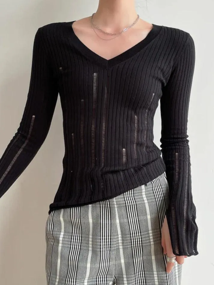 V Neck Slim Cutout Long Sleeve Knit